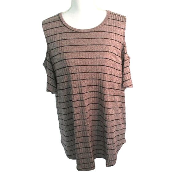 Apt. 9 Women's Tan Striped Peek A Boo Shoulder Short Sleeve  Shirt Size XL - Picture 1 of 11
